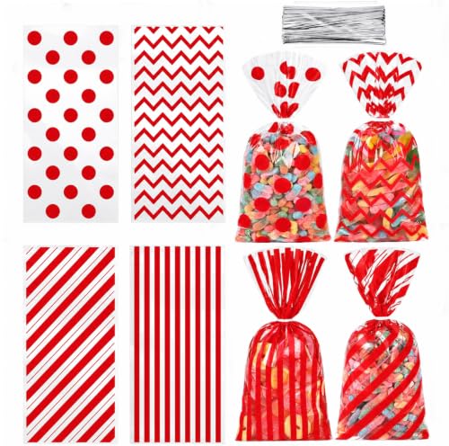 Capesaro 50 Pieces 10.6 x 5.1 In Red Cellophane Treat Bags Candy Gift Bag with Twist Ties Stripes Polka Dot Printed Pattern Goodie Bag for Birthday Weddings Party - color: Red-10.8'' x 5''