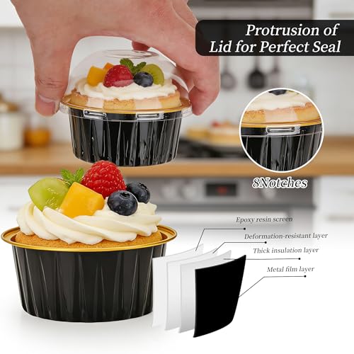 100-Pack 5 oz Black Gold Mini Cake Pans with Lids, Disposable Aluminum Foil Baking Cups, Muffin Tins, Ramekins for Cupcakes, Brownies, Flan, Pudding - Wedding, Birthday Party Supplies - color: Black/Gold