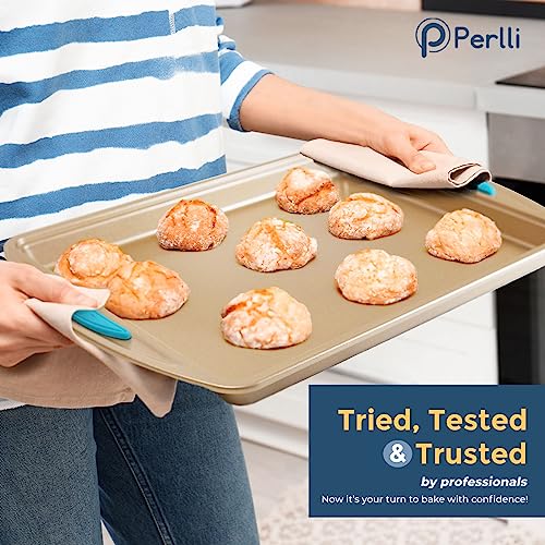 Perlli Baking Kit: Nonstick Gold Steel Oven Set - 10 Pieces, Cookie Sheets, Cake Pans, 9x13Pan with Lid, Loaf & Deep Pans, Pizza Crisper, Muffin Pan - Silicone Handles - color: Blue, size: 10 Piece