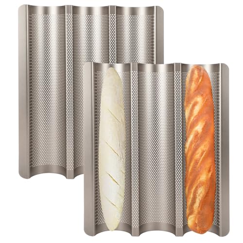 2-Pack Baguette Bread Pan, 3-Slot French Bread Baking Tray, Golden - color: Gold