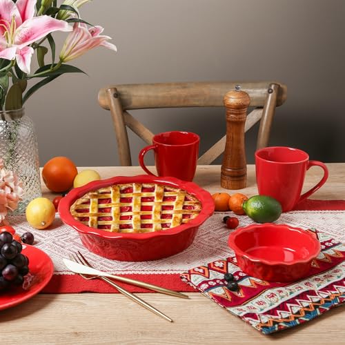 vicrays Ceramic Pie Pan for Baking - 9 inch Pie Plate, Round, Fluted and Deep Pie Dish for Tart, Pizza, Apple Pie, Quiche, Pot Pies, Cake - Reactive Glaze (Red) - color: Scarlet Red