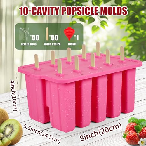 Homemade Popsicles Molds, Food Grade Popsicle Molds for Kids, 10 Cavity Non-BPA Silicone Ice Pop Maker, Reusable Silicone Popsicle Molds with 50 Stick, 50 Bags, Funnel (Pink) - color: #Pink