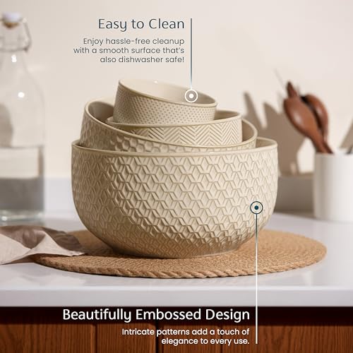 KooK Ceramic Nesting Bowls, Embossed, Oven Safe, Set of 4, Almond - color: Almond
