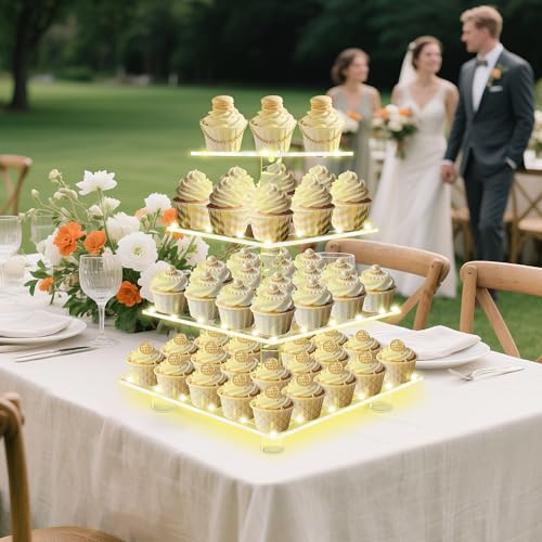 Cupcake Stand 4 Tier Acrylic Cupcake Tower with Yellow LED String Lights - color: Yellow Light, size: 4 Tier