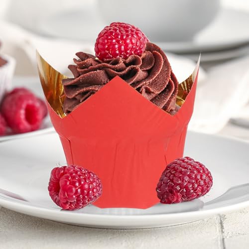 uxcell 50 Pcs Tulip Baking Cups Cupcake Muffins Liners Aluminum Foil Paper Greaseproof Wrappers for Weddings Birthday Party Festivals Christmas, Gold/Red - color: Gold/Red, size: 3.1