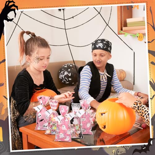 woric 100 Set Pink Ghost Halloween Treat Bags Cellophane Candy Bags - color: Pink Ghost