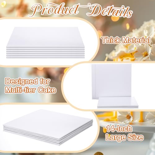 MotiMind 6 Pack 14 Inch Square Cake Drums White Cake Boards Cardboard Drum Foil Wrapped Pastry Board Support for Displaying Pastries Desserts Cupcake