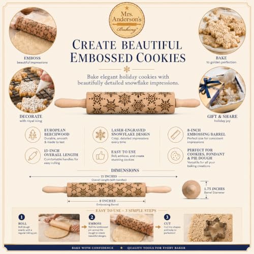 Mrs. Anderson’s Baking Embossing Rolling Pin, Snowflake Design, European Beechwood - style: Snowflake, 8-Inch