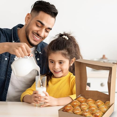MT Products Kraft Bakery Boxes 9" x 9" x 2.5" - Auto Pop-Up Pie or Cake Boxes with Window (Pack of 200) - Made in the USA - color: Brown