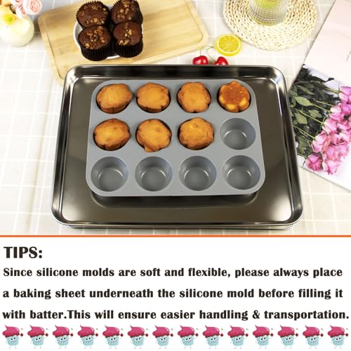 12 Cups Silicone Mini Muffin Pan Set, Nonstick Mini Cupcake Pans, BPA Free Small Muffin Tin for Baking, Set of 2 (Gray+Gray) - color: Set of 2--12 Cups (Grey+Grey)