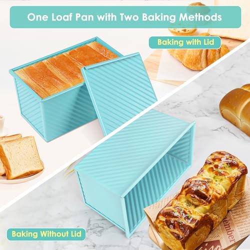 Blue Pullman Loaf Pan with Lid, Sandwich Bread Pullman Loaf Pan, 1LB Dough Capacity Rectangular Bread Pan, Non-Stick Loaf Pan with Dough Scraper Cutter for Sandwich Bread - color: Blue, size: 8.3inch
