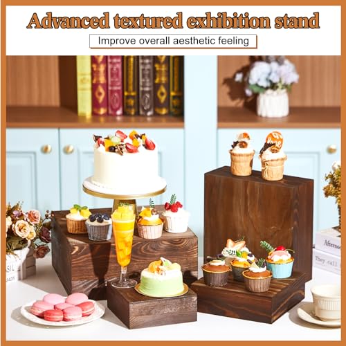 Roowest 4 Pack Wooden Display Risers, Rustic Cake Stands, Black Brown - color: Black Brown
