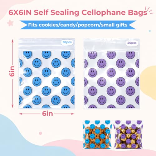 Eunoir Happy Face Goody Bags, Self Sealing Cookie Bags (100pcs purple blue) - color: 100pcs purple blue