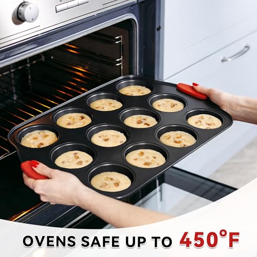 Mini Muffin Pan 12 Cup Muffin Pan with Silicone Grip Handles - color: Black, size: 12 Cup Muffin Pan