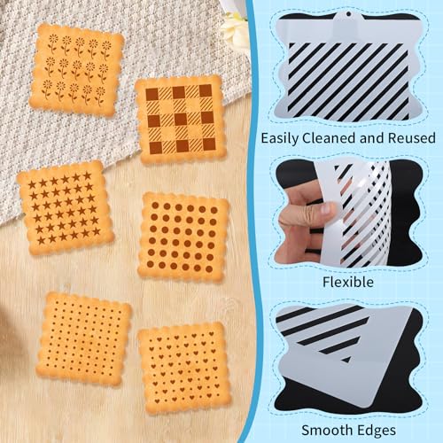 25 PCS Cookie Stencils Set, Reusable Baking Stencils with Checkered Heart Polka Dot Honeycomb Line Brick Star Patterns for Royal Icing Cake Decorating DIY Airbrush Templates for Cookies Coffee - style: Style 2