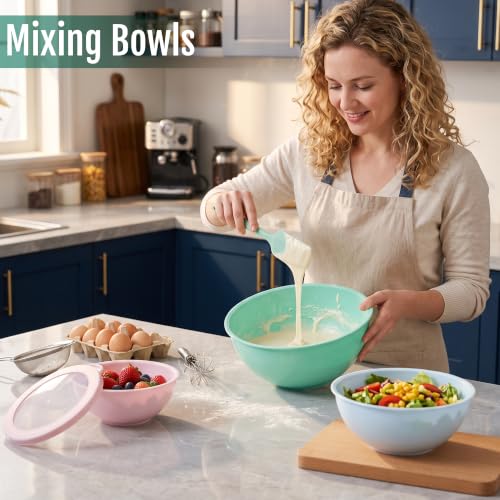 BoxedHome 12 Piece Plastic Mixing Bowls with Lids Set - Leak-Proof Microwave & Dishwasher Safe, BPA Free Nesting bowl for food prep, serving, and storage (Green/Pink) - color: Green / Pink TPR