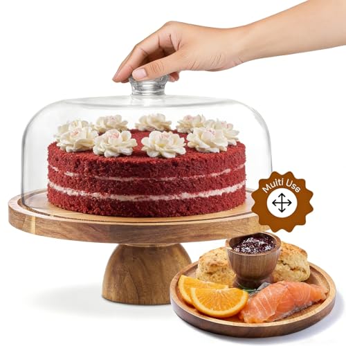 Garvee 12 Inch Acacia Wood Cake Stand with Acrylic Dome Lid – 2‑in‑1 Multifunctional Dessert Display & Charcuterie Board, Round Serving Platter for Cake, Fruit, Cheese, Chips, Dips & Party Snacks