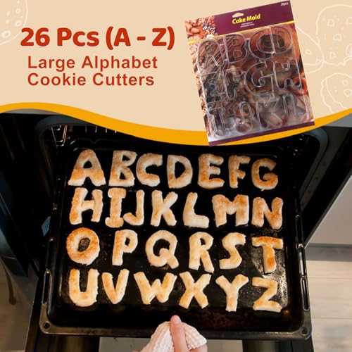ofone Large Alphabet Cookie Cutters(A - Z), 3 Inch Stainless Steel Fondant Letter Cutters Shapes, 26 Pcs Abc Biscuit Cutter Set for Baking Dough Cakes Pastry Fruits - color: Silver