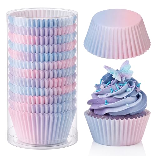 300PCS Gradient Cupcake Liners Blue Pink Ombre Paper Baking Cups Mermaid Themed Muffin Cupcake Wrappers for Bridal Shower Wedding Baby Shower Gender Reveal Birthday Party Cake Decor - style: 300 Counts