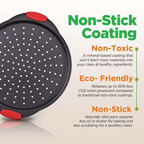 Nutrichef Non-Stick Pizza Tray with Silicone Handles, 6-Pack Round Steel Non-Stick Pans with Perforated Holes, Premium Bakeware, Pizza Trays with Silicone and Oversized Handles, Dishwasher Safe - size: 6 Piece