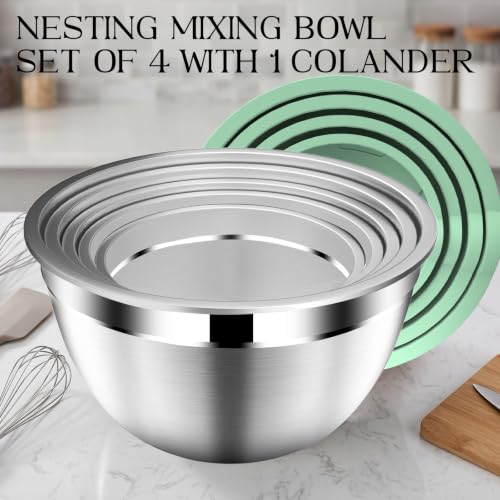 DUTZUN Mixing Bowls with Lids Set, Stainless Steel Mixing Bowl Set with Colander, Strainer with Bowls - Pistachio - size: 9PCS Green