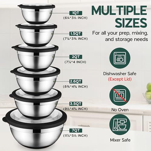Onader Mixing Bowls with Lids Set of 6 for Kitchen, Stainless Steel Metal Nesting Bowls with Non-Slip Bottom Black - Size 1, 1.5, 2, 2.6, 3.5, 7QT - color: Black