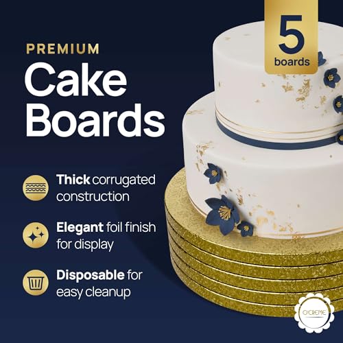 O’Creme Cake Board, Gold Foil Round Cake Circles with Gorgeous Design, Sturdy & Durable 1/2” Thick Cake Drums, Round Cake Boards with 14” Diameter, Pack of 5 Disposable Cake Drums - color: Gold, size: 14"