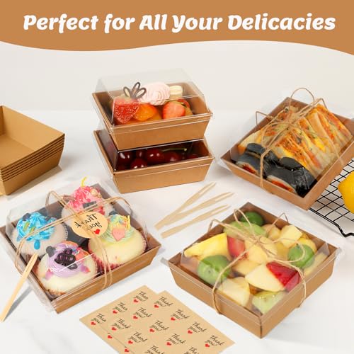 54 Pack Small Charcuterie Boxes with Clear Lids, Paper Mini Charcuterie Box To Go, Disposable Food Container with Lid, Dessert Boxes for Sandwich, Cookie, Sushi, Cake Slice, and Strawberries - color: Brown