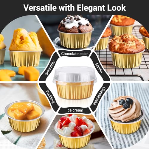 EUSOAR Mini Cheesecake Containers, 30pcs 5oz 125ml Aluminum Foil Muffin Liners Cups with Lids, Cupcake liners Baking Cups, Disposable Foil Ramekins Creme Brulee Pans Holders, Mini Pie Pans with Lids - color: Gold, size: 30pcs