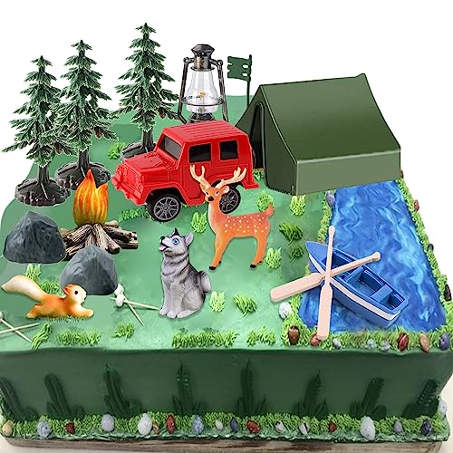 16 Pcs Camping Cake Toppers Camp Cake Decorations Fireside Camp Forest Cake Decors for Kids Camping Forest Theme Party and Camping Fans' Birthday Supplies - style: Camping Cake Toppers