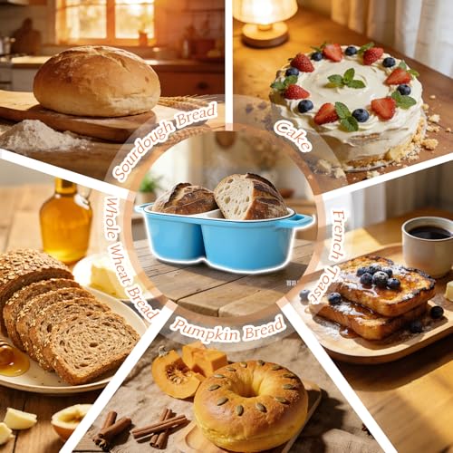 DIY Double Dutch Oven for Sourdough Bread Baking – Enamel Cast Iron Bread Baker with Lid, Bake Two Different Loaves at Once, 500°F Oven Safe, Includes 2×7" Banneton Proofing Baskets - color: Blue