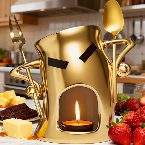 Golden Ceramic Fondue Cup Set w/Built-In Fork & Spoon