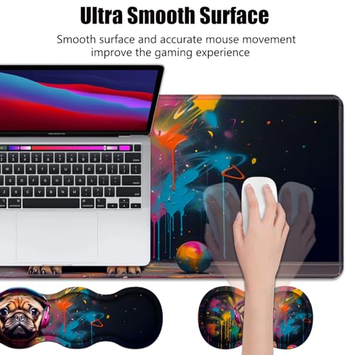 4 in 1 Ergonomic Memory Foam Mouse Pad Wrist Rest Set, Large XXL Gaming Desk Pad + Keyboard Wrist Rest + Mouse Wrist Cushion + Coaster for Home Office Study Gaming, Cute Pug with Headphones - color: Cute Pug With Headphones