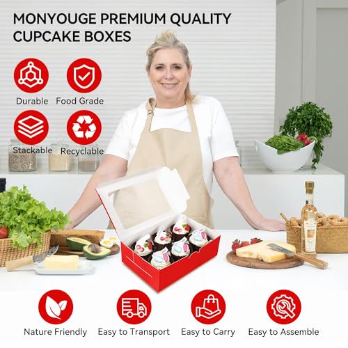 10-Set Cupcake Boxes Bulk with Clear Display Window Hold 6 Standard Cupcakes, Disposable Food Grade Red Cupcake Carrier Cupcake Container, Perfect for Cupcakes Muffins Cookies Pastries