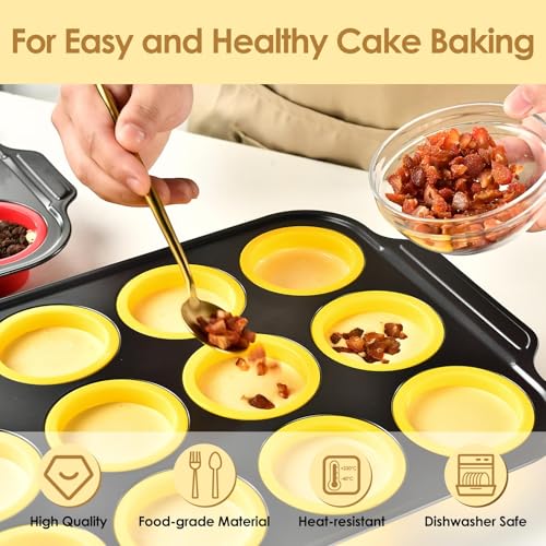 12 Cups Silicone Muffin Pans for Baking with Metal Frame, Egg Bite Molds, Cupcake Pans Regular Size, Muffin Tins Easy to Pop Nonstick Non Toxic Bakeware for Oven Dishwasher Safe - color: 12 Cups Yellow