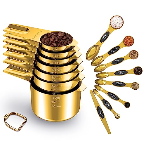 Gold Measuring Cups and Spoons Set of 15, 18/8 Stainless Steel, Includes 7 Nesting Metal Measuring Cups,8 Magnetic Measuring Spoons set - Ideal Kitchen Gadgets for Cooking and Baking Needs