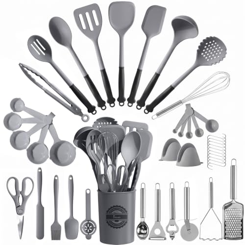Kikcoin 43 PCS Silicone Kitchen Utensils Set, Cooking Utensils Set, Gray - color: Gray