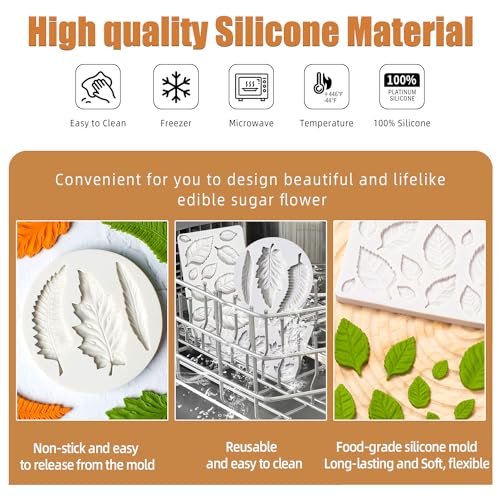 KALAIEN 3pcs Leaf Fondant Mold, Rose Maple Leaves 3D Leaf Silicone Mold - color: 3pcs Leaf Molds