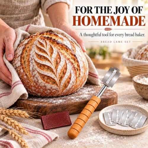 Bread Lame - Handcrafted Sourdough Scoring Tool with 10 Replacement Blades and Leather Cover, Bread Scoring Tool for Dough Slashing and Sourdough Tools