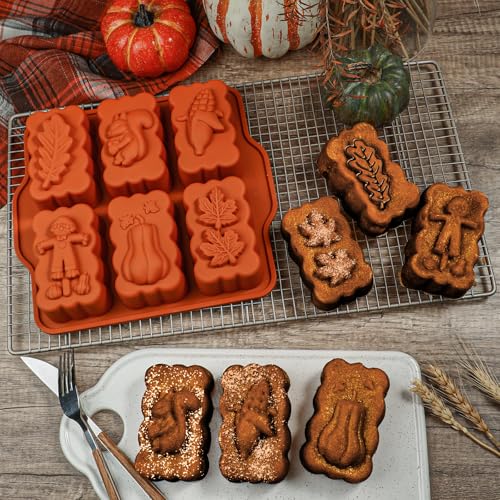 Silicone Harvest Mini Loaf Pan, Fall Rectangular Silicone Mold 6-Cavity Autumn Silicone Mold Thanksgiving Mini Loaf Pan for Baking - size: Fall