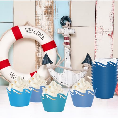 FYSUIMU 36Pcs Ocean Wave Cupcake Wrappers Gradient Blue Sea Wave Cupcake Liners Decorative Dessert Holders for Summer Ocean Party Cake Decoration
