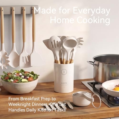 Silicone Kitchen Utensils Set, Food-grade Cooking Utensils, BPA-Free - color: Cream White