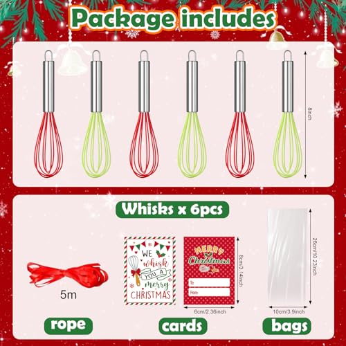 6 Sets 8 Inch Christmas Whisk Bulk Baking Supplies, Xmas Silicone Whisks Baking Gift Set with Greeting Cards Ribbon Bags, We Whisk You A Merry Christmas Neighbor Gifts for Employee Cooking Ornaments