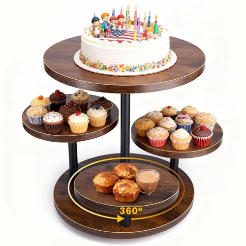 CMOOD 4 Tier Round Cupcake Tower Stand, Wooden Cupcake Stands for 50 Cupcakes, Rotatable Wood Dessert Display with Tiered Tray, Wooden Cake Tier Stand for Wedding Birthday Party Graduation