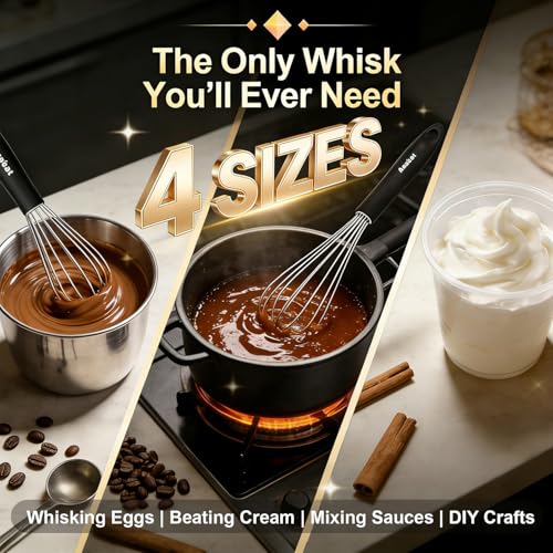 Anaeat Stainless Steel Kitchen Whisk Set of 4, Milk and Egg Beater Blender with Thick Wire for Whisking, Cooking, Baking, Beating and Stirring - 11'' Flat Whisk and 9''+11''+12'' Balloon Whisks - color: 4 Pcs Silver, size: 9+11+12 &11 inch