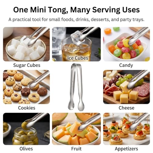 Mini Tongs Set of 4, 4.25" Silver Stainless Steel for Sugar Cubes & Ice