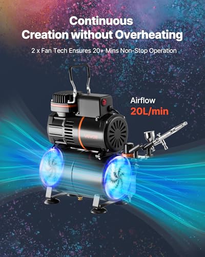 VEVOR Airbrush Kit, 1/6 HP, Air Brush Kit with Air Compressor and Tank, 1 Dual-Action Professional Airbrush with 1 Tip, Hose, Acrylic Paint, 2 Fans, for Cake Decorating, Model Painting, Nail Art - color: 24 Colors Set