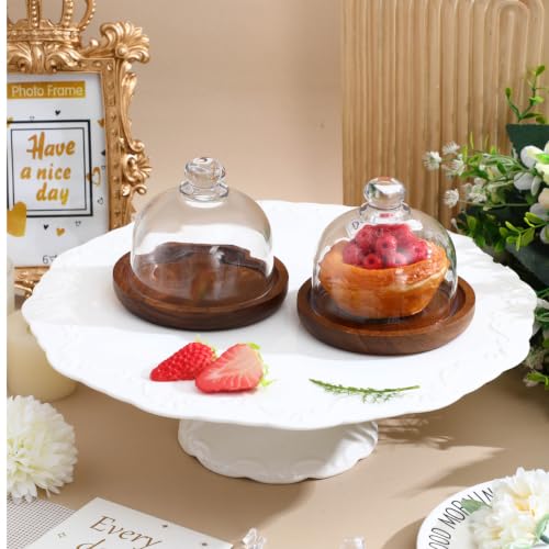 Yardwe 2 Pack Mini Cake Stand with Glass Dome Lid - 3.4" Small Dessert Dome Wood Base - Cupcake Cloche Cover for Pastries Cheese Charcuterie - Clear Glass Plate Server for Individual Portion Display