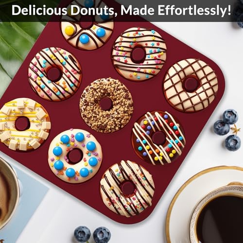 Large Silicone Donut Pan for Baking,9 Cavity Non-Stick Food Molds - color: Claret Red