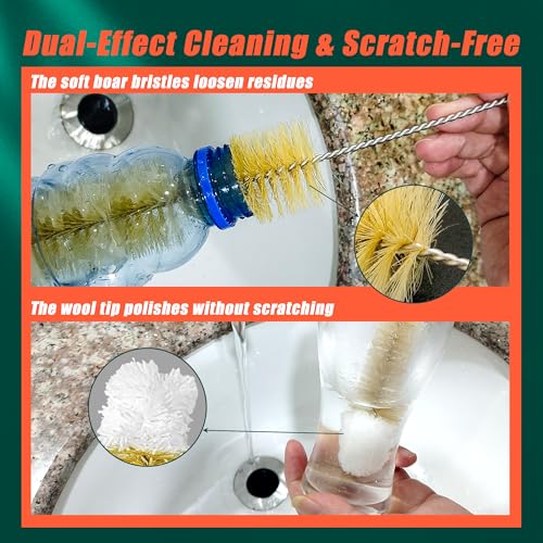 9-Pack Thin Long Handle Bottle Brushes with Boar Bristle & Wool Tip